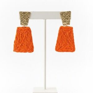Orange Raffia Statement Earrings Gold Geometric Drop Boho Summer Lightweight
C3